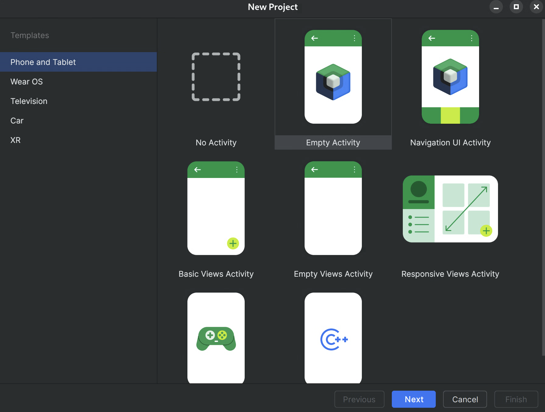 The Android Studio New Project dialog, showing the built-in list of
    activities that Studio will create on your behalf.