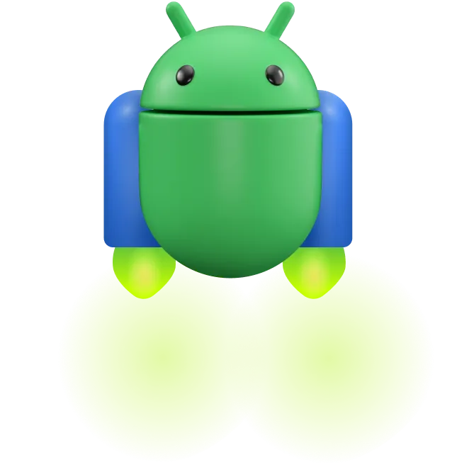 Ilustrasi 3D maskot Android, yang mengenakan jetpack yang mengeluarkan awan gelembung besar