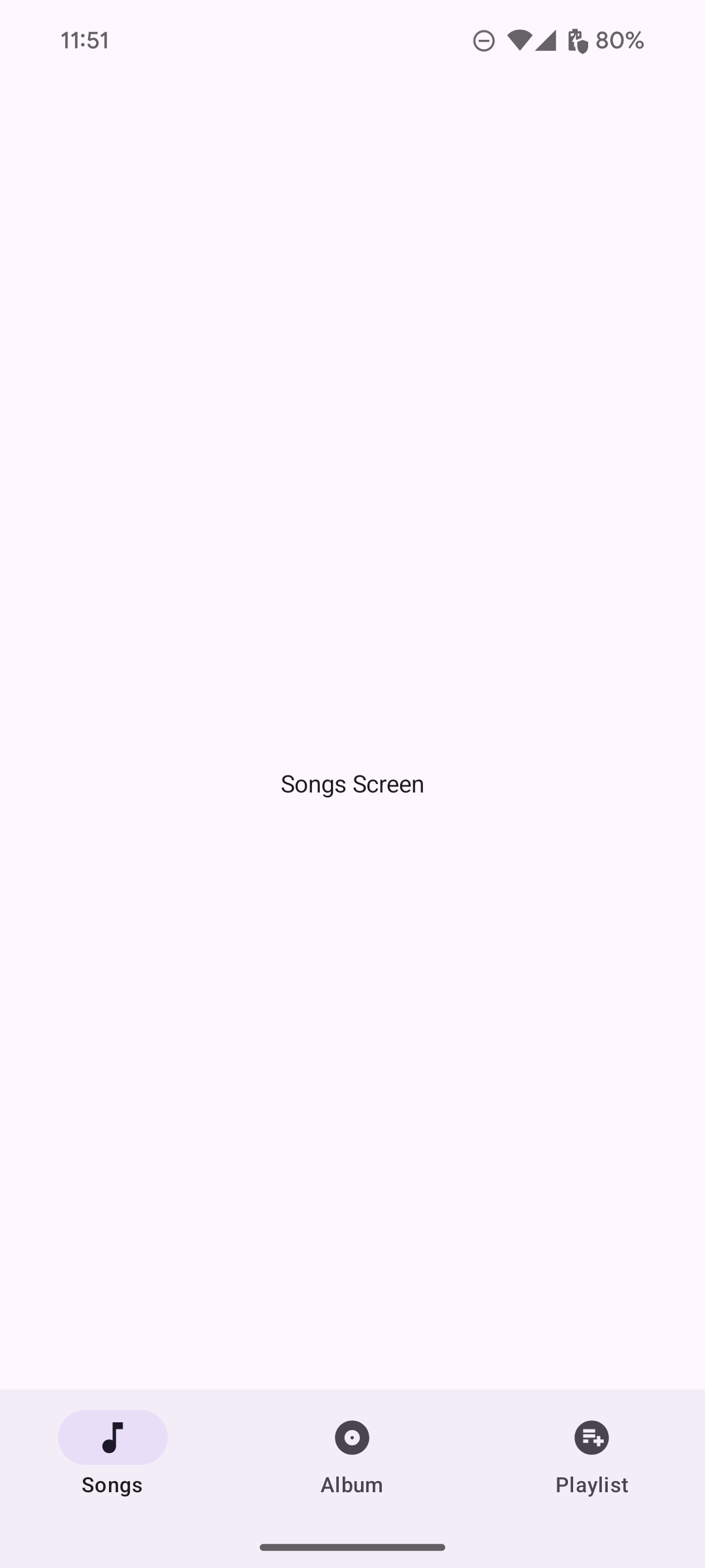 Ein App-Bildschirm mit drei horizontal in einer Navigationsleiste am unteren Bildschirmrand aufgeführten Zielen: „Songs“, „Album“ und „Playlist“. Jedes Ziel hat ein entsprechendes Symbol (z.B. eine Musiknote für „Songs“).