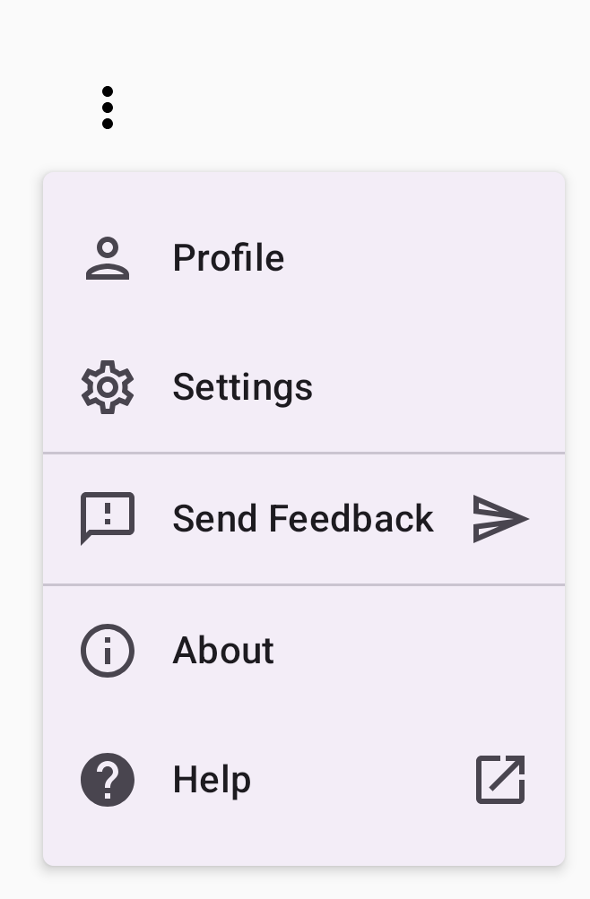 Ein Drop-down-Menü mit Abschnitten für „Profil“, „Einstellungen“, „Feedback geben“, „Über“ und „Hilfe“. Jede Option hat ein Symbol, z. B. ein Personensymbol für „Profil“.