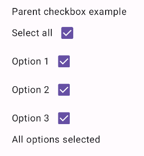 Une série de cases à cocher cochées avec un libellé. La première est marquée "Tout sélectionner". Un composant de texte situé en dessous indique "Toutes les options sélectionnées".