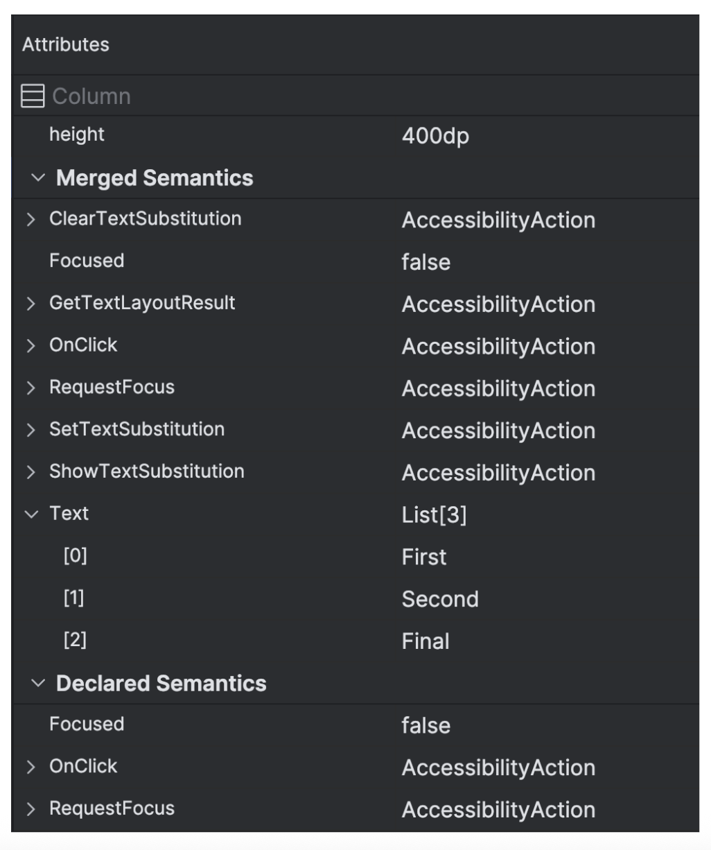 اطلاعات معنایی با استفاده از Layout Inspector نمایش داده می‌شود.