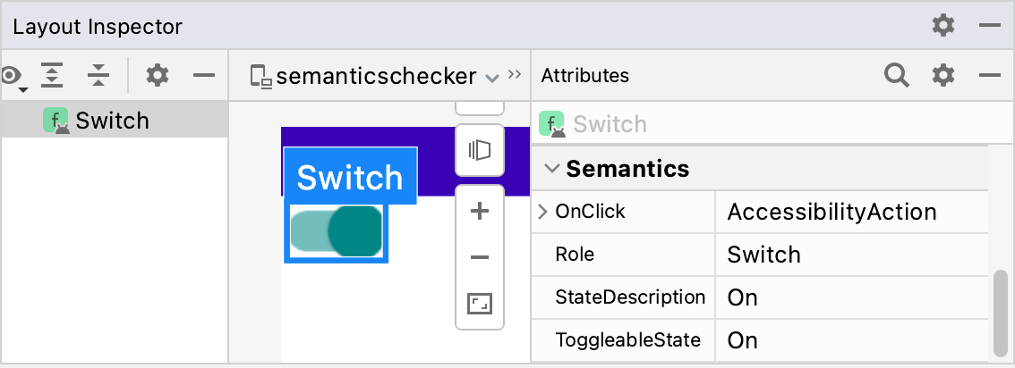 Bir Switch bileşeninin anlambilim özelliklerini gösteren Layout Inspector