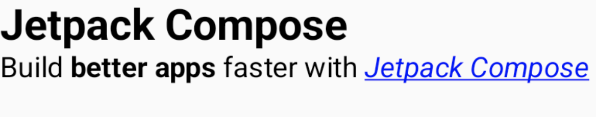 一个 H1 标题“Jetpack Compose”，后跟“使用 Jetpack Compose 打造更出色的应用”，其中 Jetpack Compose 是一个可点击的链接，样式为蓝色、下划线和斜体。