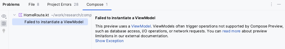 Riquadro dei problemi di Android Studio con il messaggio Impossibile creare un'istanza di un oggetto "ViewModel"