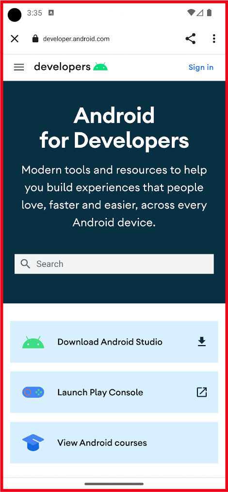 Scheda personalizzata aperta sulla pagina web Android For Developers, evidenziata.