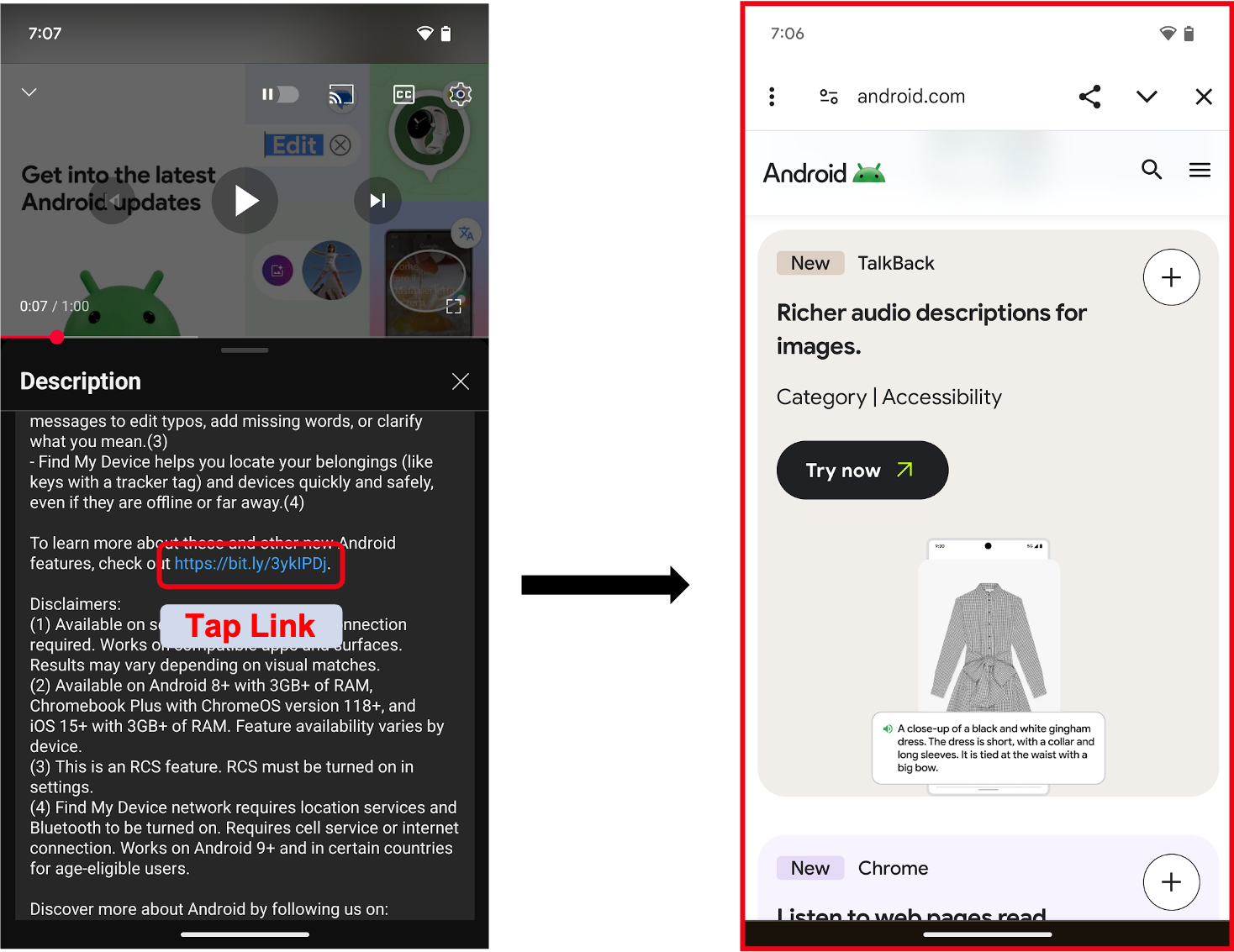 Webseite mit In-App-Link im roten Feld auf der linken Seite und In-App-Browser auf der rechten Seite.