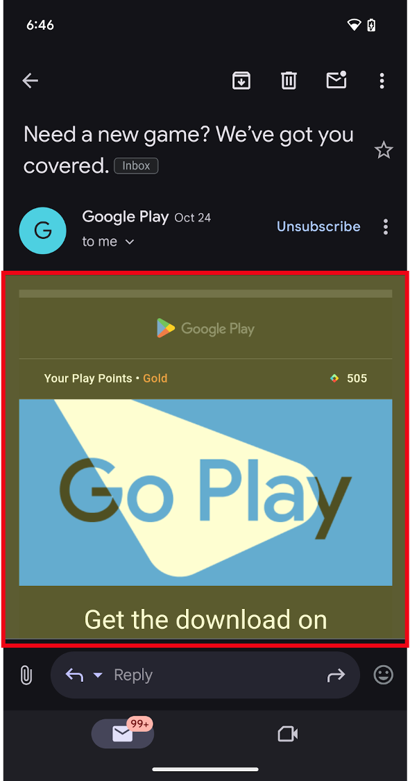 Apertura app Android su Google Play, con la visualizzazione web principale evidenziata in un
  riquadro rosso