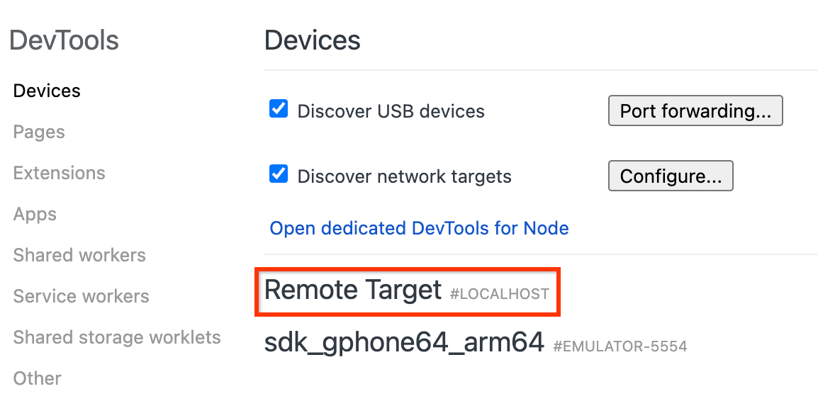 ক্রোম ডেভটুলস ইন্সপেক্ট পেজ ডিবাগিংয়ের জন্য উপলব্ধ রিমোট টার্গেটগুলো দেখাচ্ছে।