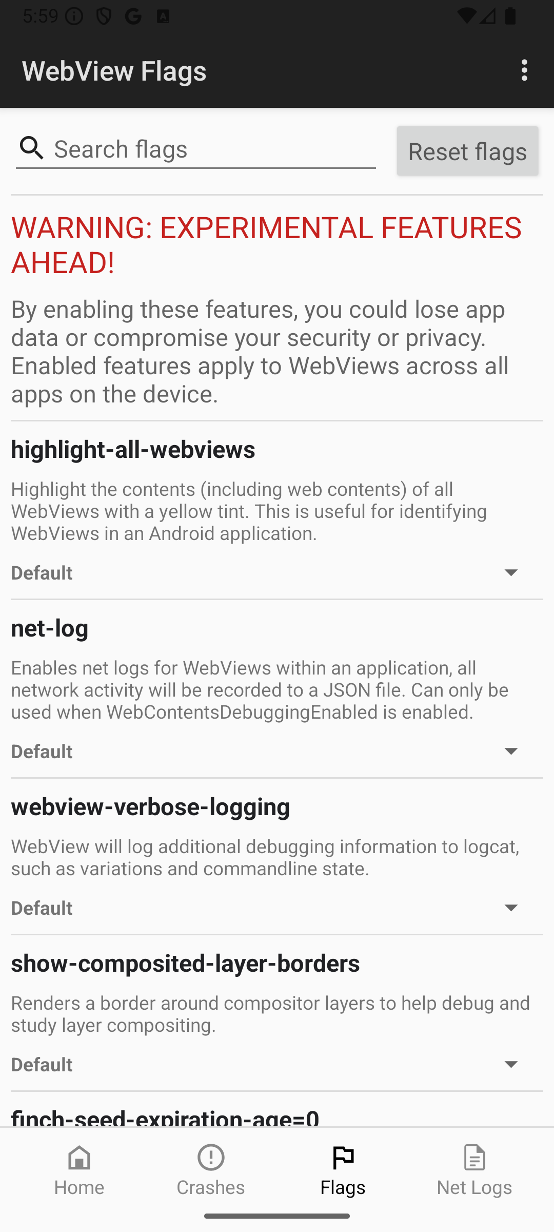 App WebView DevTools che mostra l'UI dei flag.