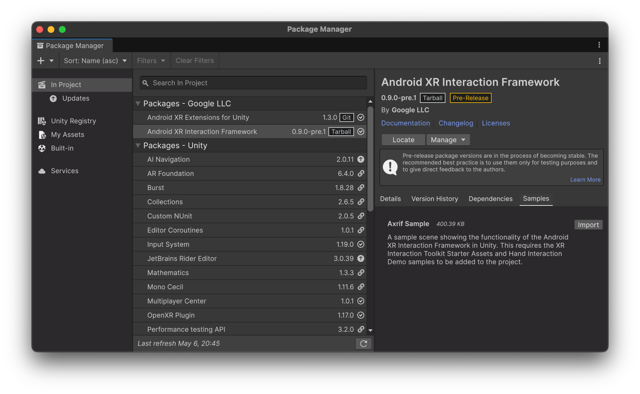 Importieren Sie das AXRIF-Beispiel im Unity-Paketmanager.