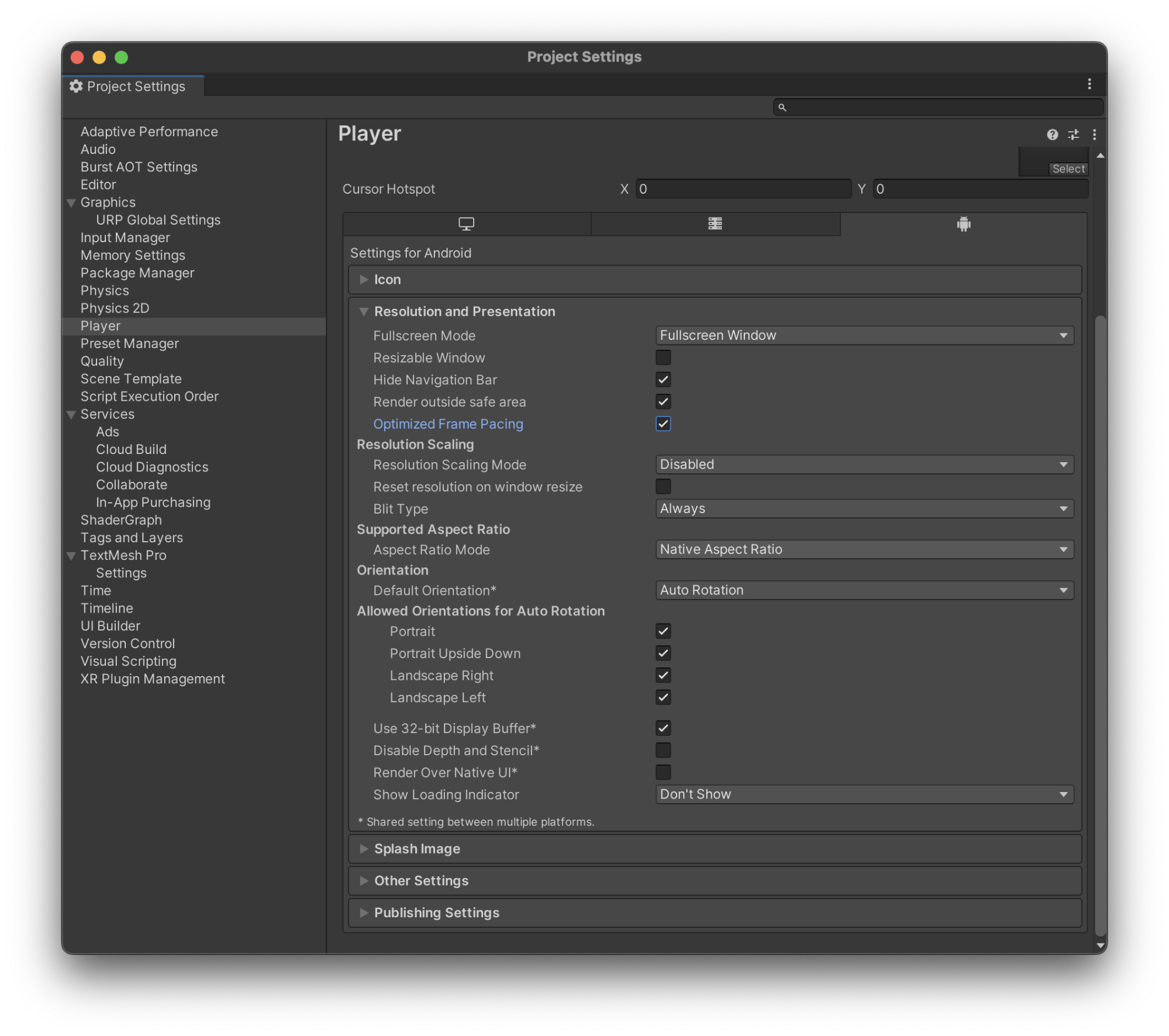 Finestra di dialogo che mostra Impostazioni progetto > Impostazioni player > Ritmo di visualizzazione ottimizzato