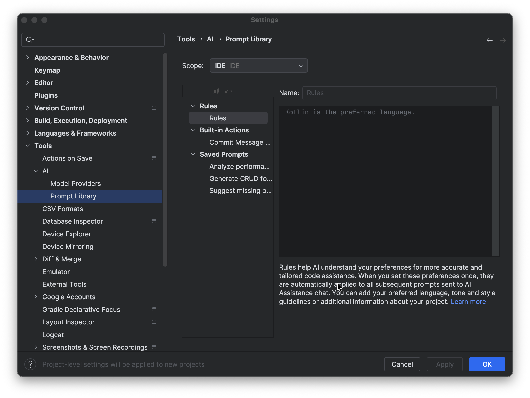 Android Studio の [設定] ダイアログで、[Gemini] > [プロンプト ライブラリ] の下にルール エディタが表示されている