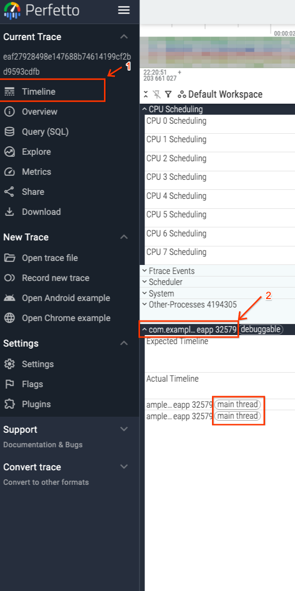 Navigasi UI Perfetto ke thread utama aplikasi.